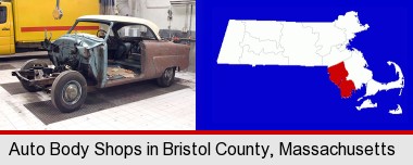 a vintage automobile in an auto body shop; Bristol County highlighted in red on a map