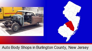 a vintage automobile in an auto body shop; Burlington County highlighted in red on a map
