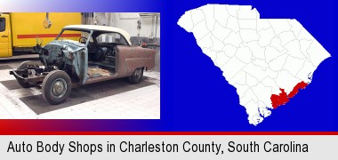 a vintage automobile in an auto body shop; Charleston County highlighted in red on a map