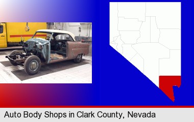 a vintage automobile in an auto body shop; Clark County highlighted in red on a map