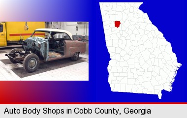 a vintage automobile in an auto body shop; Cobb County highlighted in red on a map