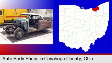 a vintage automobile in an auto body shop; Cuyahoga County highlighted in red on a map