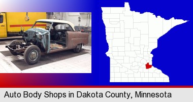 a vintage automobile in an auto body shop; Dakota County highlighted in red on a map