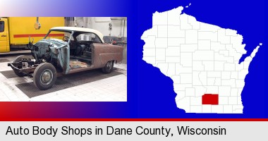 a vintage automobile in an auto body shop; Dane County highlighted in red on a map