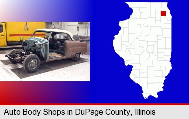 a vintage automobile in an auto body shop; DuPage County highlighted in red on a map