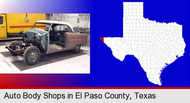a vintage automobile in an auto body shop; El Paso County highlighted in red on a map