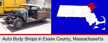 a vintage automobile in an auto body shop; Essex County highlighted in red on a map