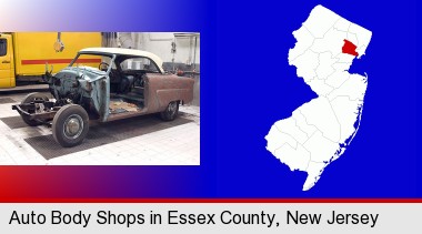 a vintage automobile in an auto body shop; Essex County highlighted in red on a map