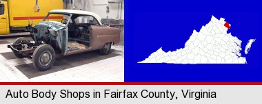 a vintage automobile in an auto body shop; Fairfax County highlighted in red on a map
