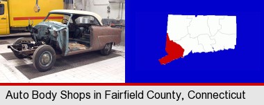a vintage automobile in an auto body shop; Fairfield County highlighted in red on a map