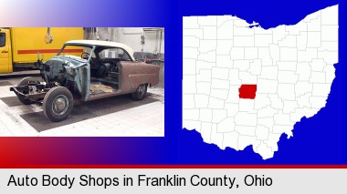 a vintage automobile in an auto body shop; Franklin County highlighted in red on a map