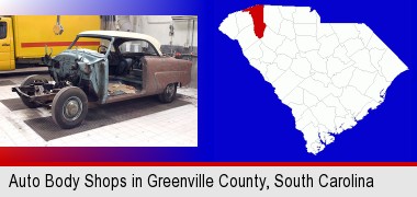a vintage automobile in an auto body shop; Greenville County highlighted in red on a map