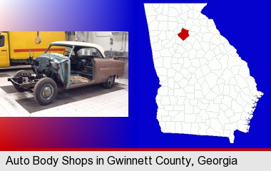 a vintage automobile in an auto body shop; Gwinnett County highlighted in red on a map