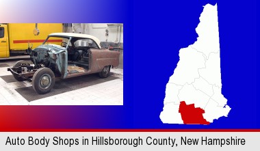 a vintage automobile in an auto body shop; Hillsborough County highlighted in red on a map