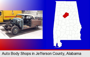 a vintage automobile in an auto body shop; Jefferson County highlighted in red on a map