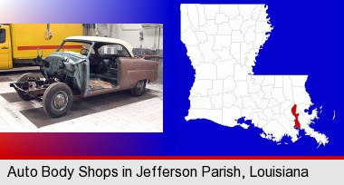a vintage automobile in an auto body shop; Jefferson Parish highlighted in red on a map