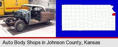 a vintage automobile in an auto body shop; Johnson County highlighted in red on a map