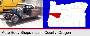 a vintage automobile in an auto body shop; Lane County highlighted in red on a map