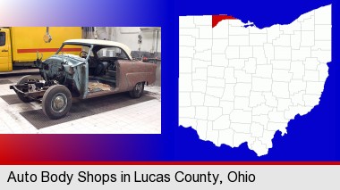a vintage automobile in an auto body shop; Lucas County highlighted in red on a map