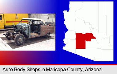 a vintage automobile in an auto body shop; Maricopa County highlighted in red on a map