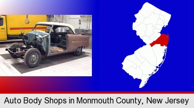 a vintage automobile in an auto body shop; Monmouth County highlighted in red on a map