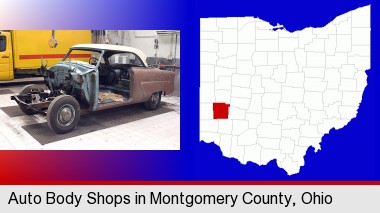 a vintage automobile in an auto body shop; Montgomery County highlighted in red on a map