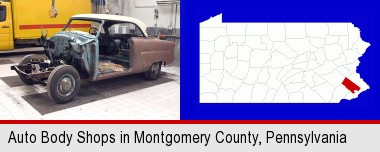 a vintage automobile in an auto body shop; Montgomery County highlighted in red on a map