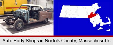 a vintage automobile in an auto body shop; Norfolk County highlighted in red on a map