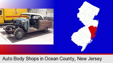 a vintage automobile in an auto body shop; Ocean County highlighted in red on a map