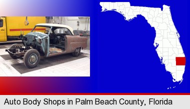 a vintage automobile in an auto body shop; Palm Beach County highlighted in red on a map