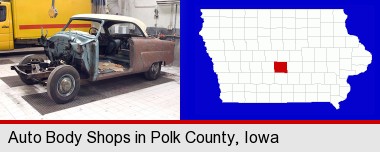 a vintage automobile in an auto body shop; Polk County highlighted in red on a map