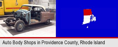 a vintage automobile in an auto body shop; Providence County highlighted in red on a map