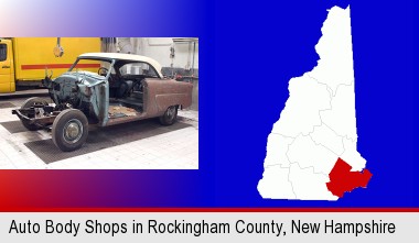 a vintage automobile in an auto body shop; Rockingham County highlighted in red on a map