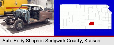 a vintage automobile in an auto body shop; Sedgwick County highlighted in red on a map