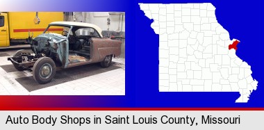 a vintage automobile in an auto body shop; St Francois County highlighted in red on a map