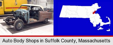 a vintage automobile in an auto body shop; Suffolk County highlighted in red on a map