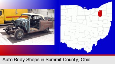 a vintage automobile in an auto body shop; Summit County highlighted in red on a map