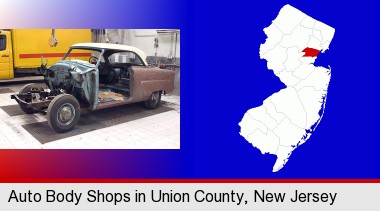 a vintage automobile in an auto body shop; Union County highlighted in red on a map