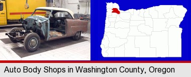 a vintage automobile in an auto body shop; Washington County highlighted in red on a map