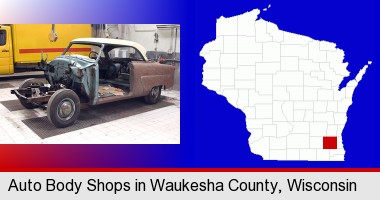a vintage automobile in an auto body shop; Waukesha County highlighted in red on a map