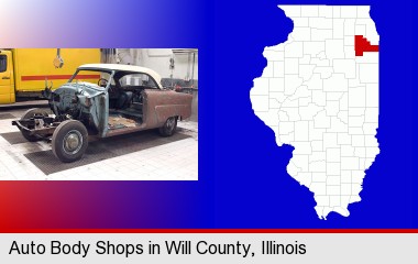 a vintage automobile in an auto body shop; Will County highlighted in red on a map