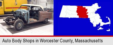 a vintage automobile in an auto body shop; Worcester County highlighted in red on a map