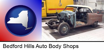 a vintage automobile in an auto body shop in Bedford Hills, NY