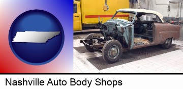 a vintage automobile in an auto body shop in Nashville, TN