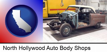 a vintage automobile in an auto body shop in North Hollywood, CA