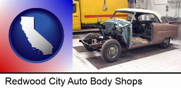 a vintage automobile in an auto body shop in Redwood City, CA