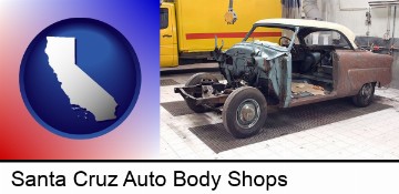 a vintage automobile in an auto body shop in Santa Cruz, CA